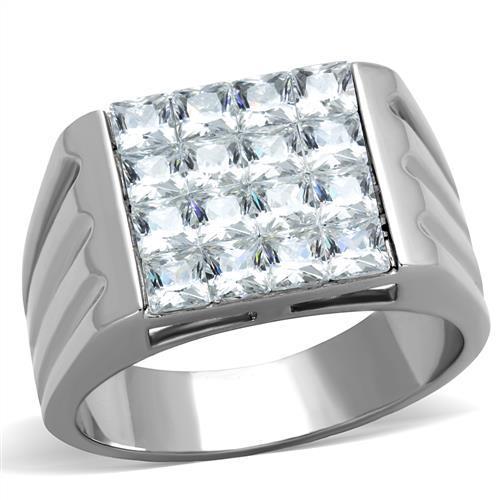Men's stainless steel ring featuring clear cubic zirconia, high polished finish, stylish and durable design.