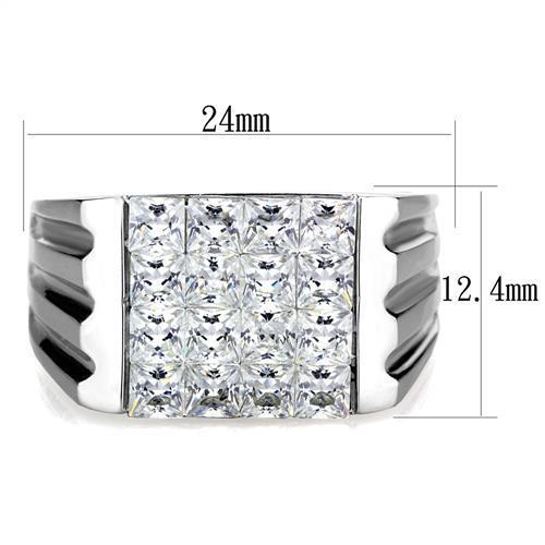 Men's stainless steel ring featuring clear cubic zirconia, high polished finish, stylish and durable design.