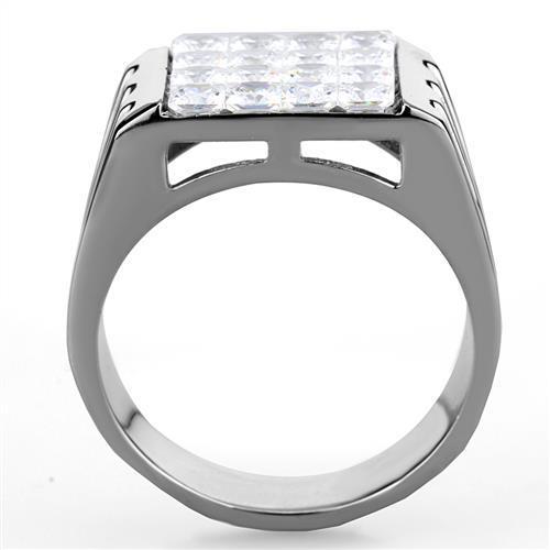 Men's stainless steel ring featuring clear cubic zirconia, high polished finish, stylish and durable design.