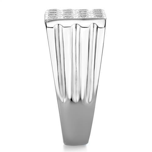 Men's stainless steel ring featuring clear cubic zirconia, high polished finish, stylish and durable design.