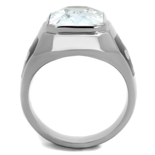 Men's stainless steel ring with cubic zirconia stones, high-polished finish, elegant design.