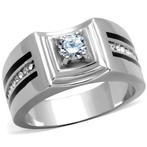 Men's stainless steel ring featuring clear cubic zirconia stones, high polished finish, elegant design.