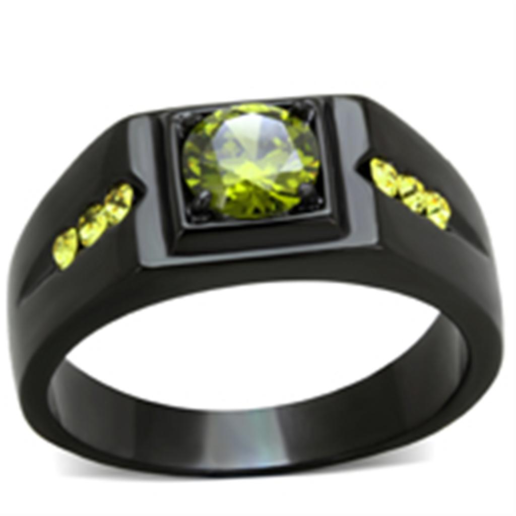 Men's stainless steel ring with olivine cubic zirconia and IP black ion plating, showcasing a modern and elegant design.