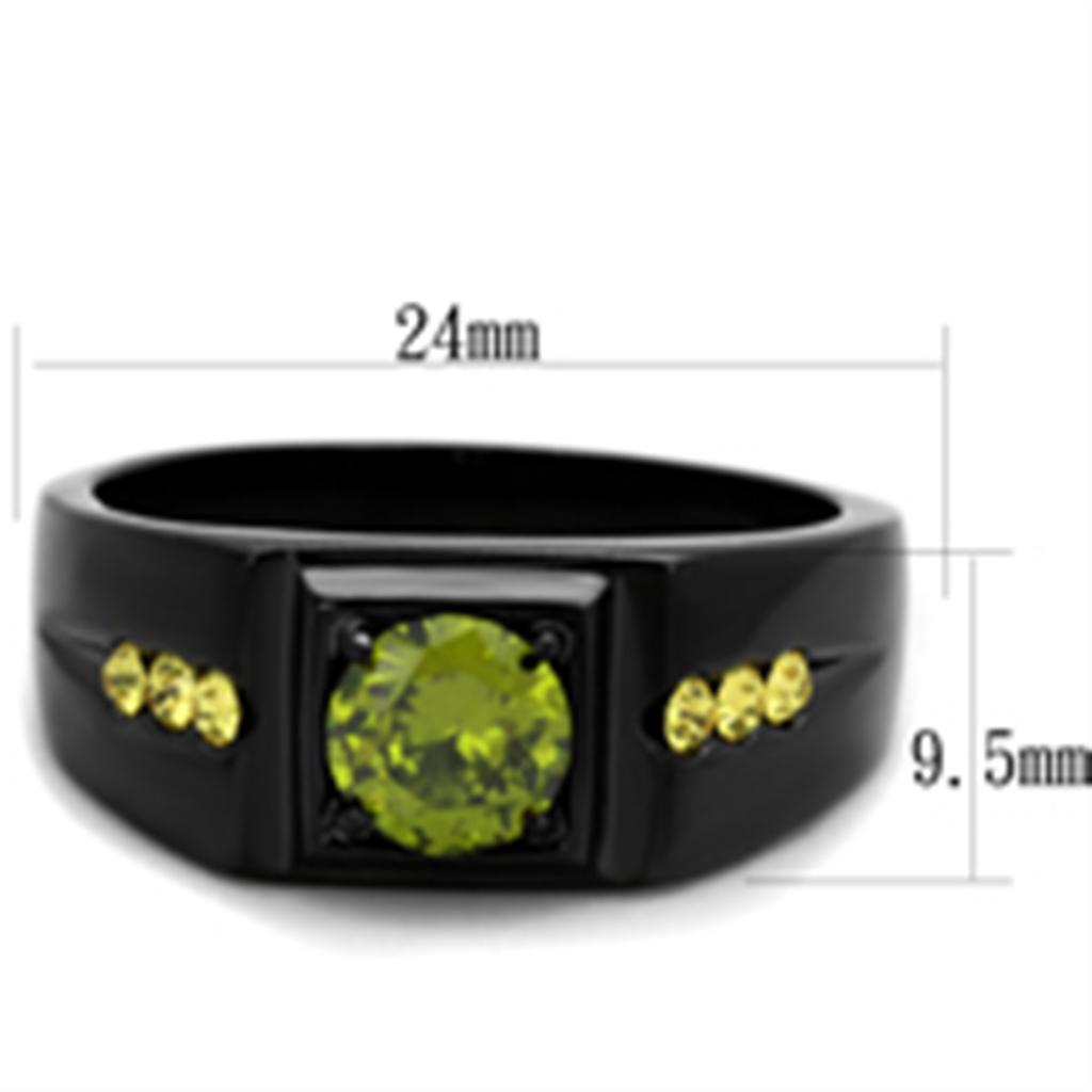 Men's stainless steel ring with olivine cubic zirconia and IP black ion plating, showcasing a modern and elegant design.
