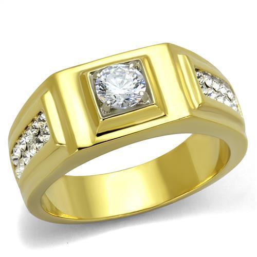 Men's stainless steel ring with cubic zirconia, featuring a two-tone gold finish.