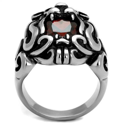 Men's stainless steel ring featuring cubic zirconia and garnet, high polished finish for a sleek look.