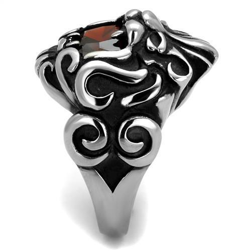 Men's stainless steel ring featuring cubic zirconia and garnet, high polished finish for a sleek look.