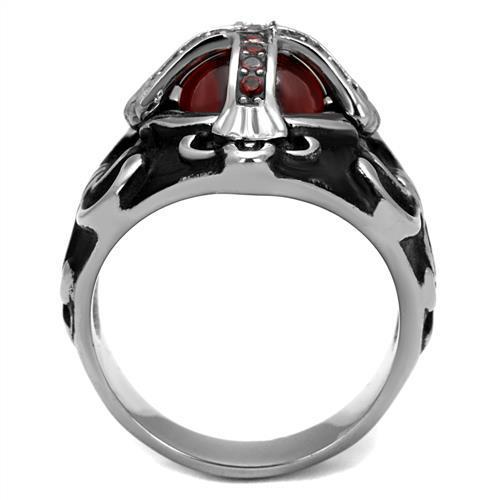 Men's stainless steel ring featuring a cubic zirconia garnet stone, high polished finish.