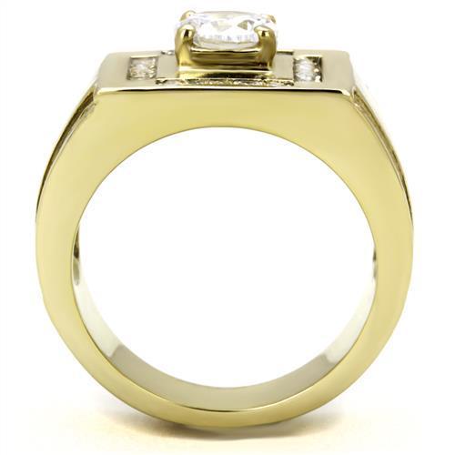 Men's stainless steel ring with cubic zirconia stones, featuring IP gold ion plating and a round design.