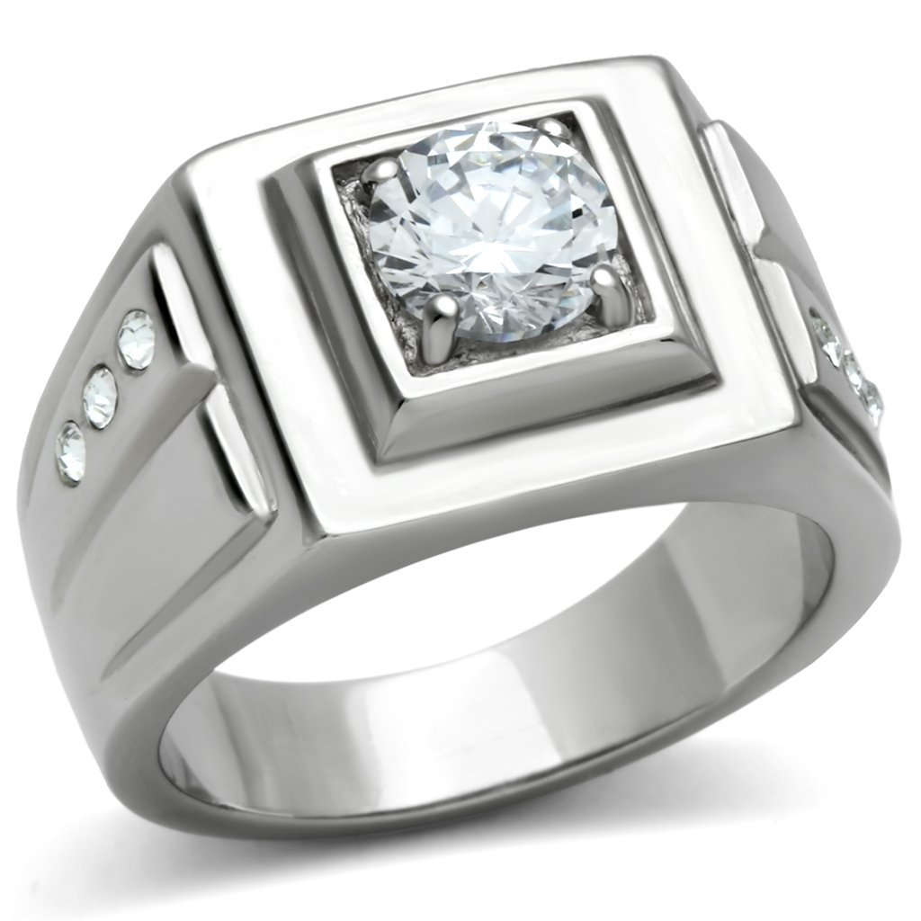 Men's stainless steel ring featuring clear round cubic zirconia stones, high polished finish for a sleek look.
