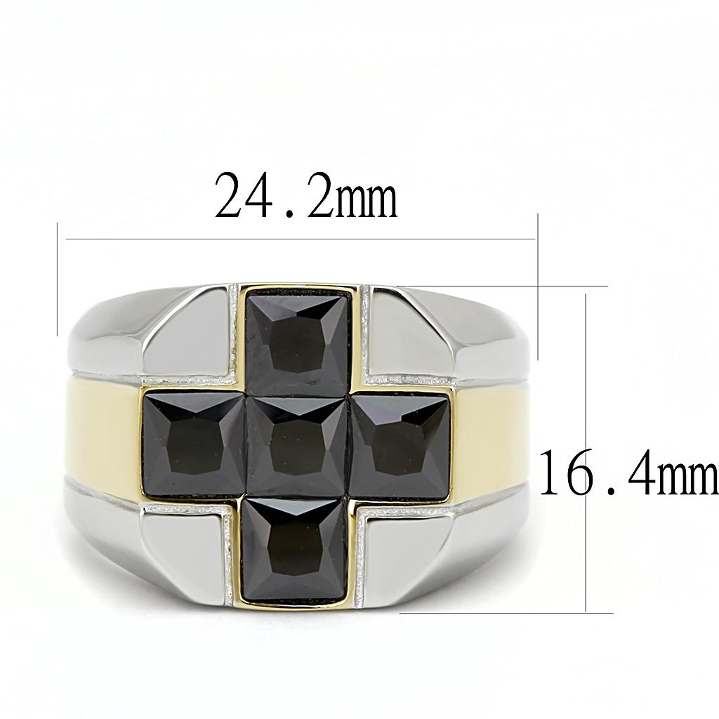 Men's stainless steel ring with cubic zirconia and two-tone gold finish, showcasing a modern design.