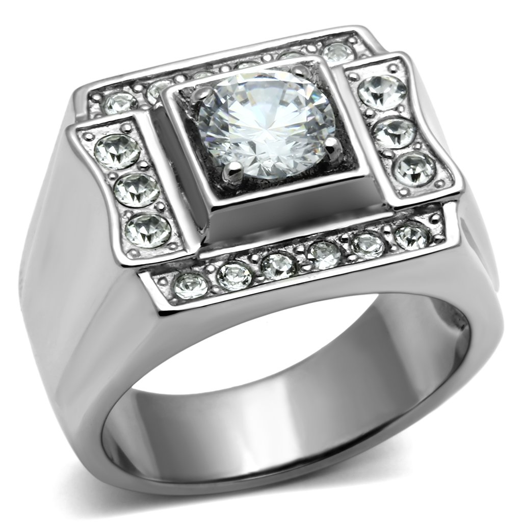 Men's stainless steel ring featuring clear cubic zirconia stones, high polished finish, elegant design.