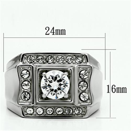 Men's stainless steel ring featuring clear cubic zirconia stones, high polished finish, elegant design.