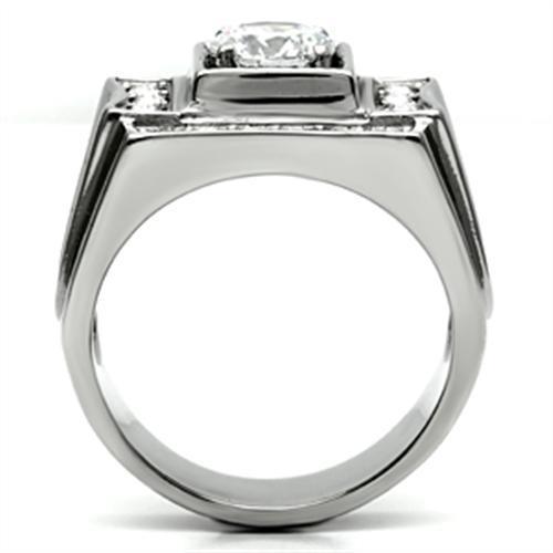 Men's stainless steel ring featuring clear cubic zirconia stones, high polished finish, elegant design.