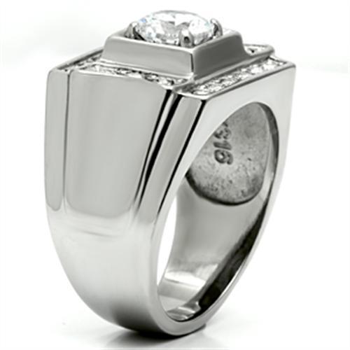 Men's stainless steel ring featuring clear cubic zirconia stones, high polished finish, elegant design.