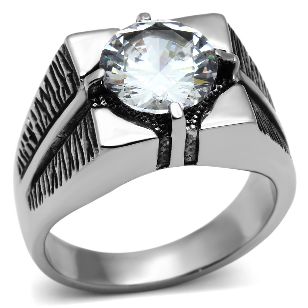Men's stainless steel ring featuring clear cubic zirconia stones, high polished finish, stylish and durable design.