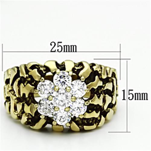 Men's stainless steel ring with cubic zirconia stones and gold ion plating, showcasing a round design.