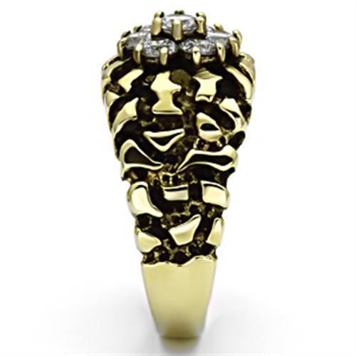 Men's stainless steel ring with cubic zirconia stones and gold ion plating, showcasing a round design.