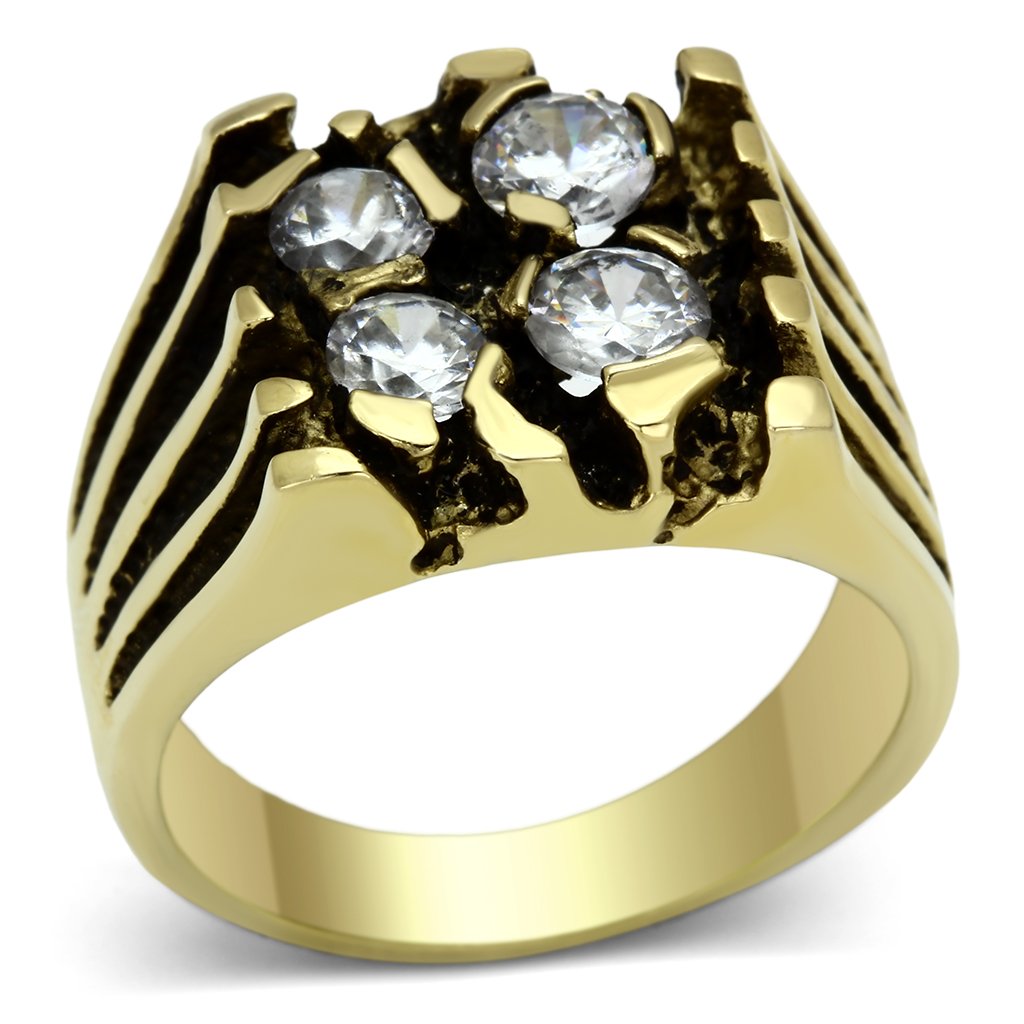 Men's stainless steel ring with cubic zirconia stones and IP gold plating, showcasing a stylish and elegant design.