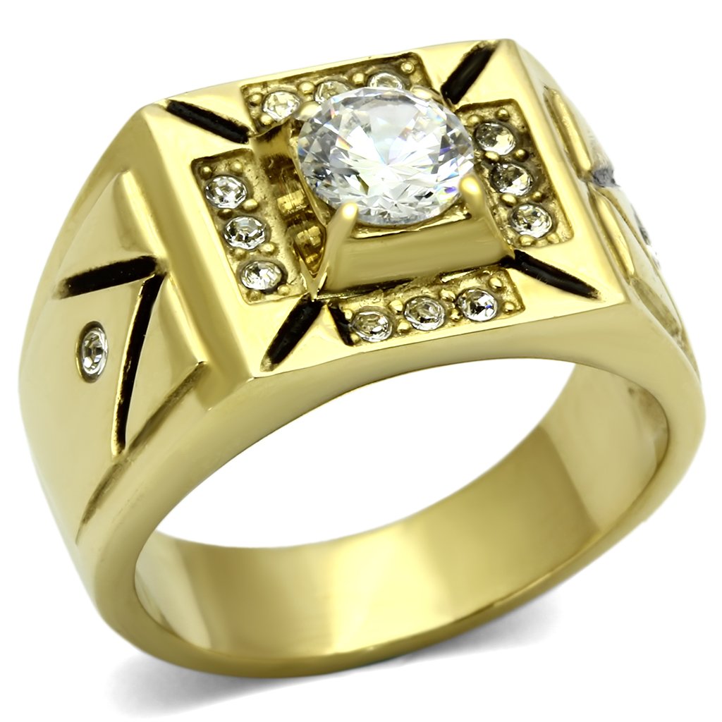 Men's stainless steel ring with cubic zirconia accents and IP gold plating, showcasing a modern and elegant design.