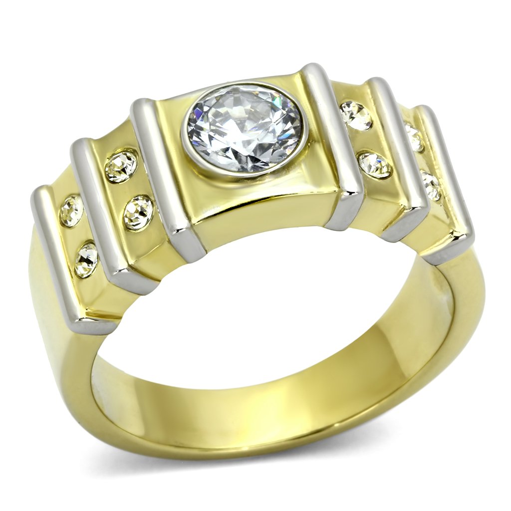 Men's stainless steel ring featuring cubic zirconia stones with a two-tone gold finish, showcasing elegance and durability.