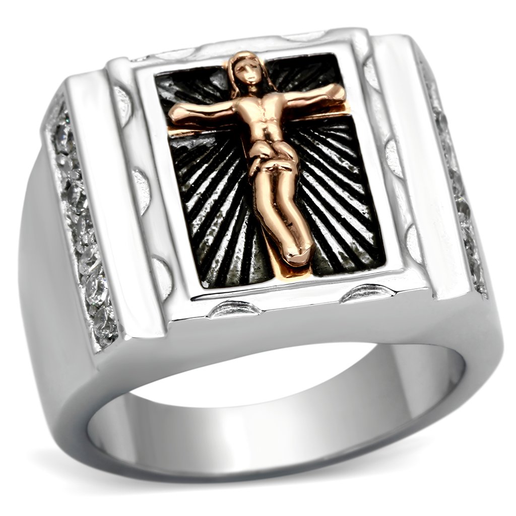 Men's stainless steel ring with cubic zirconia and two-tone IP rose gold finish, showcasing elegance and durability.