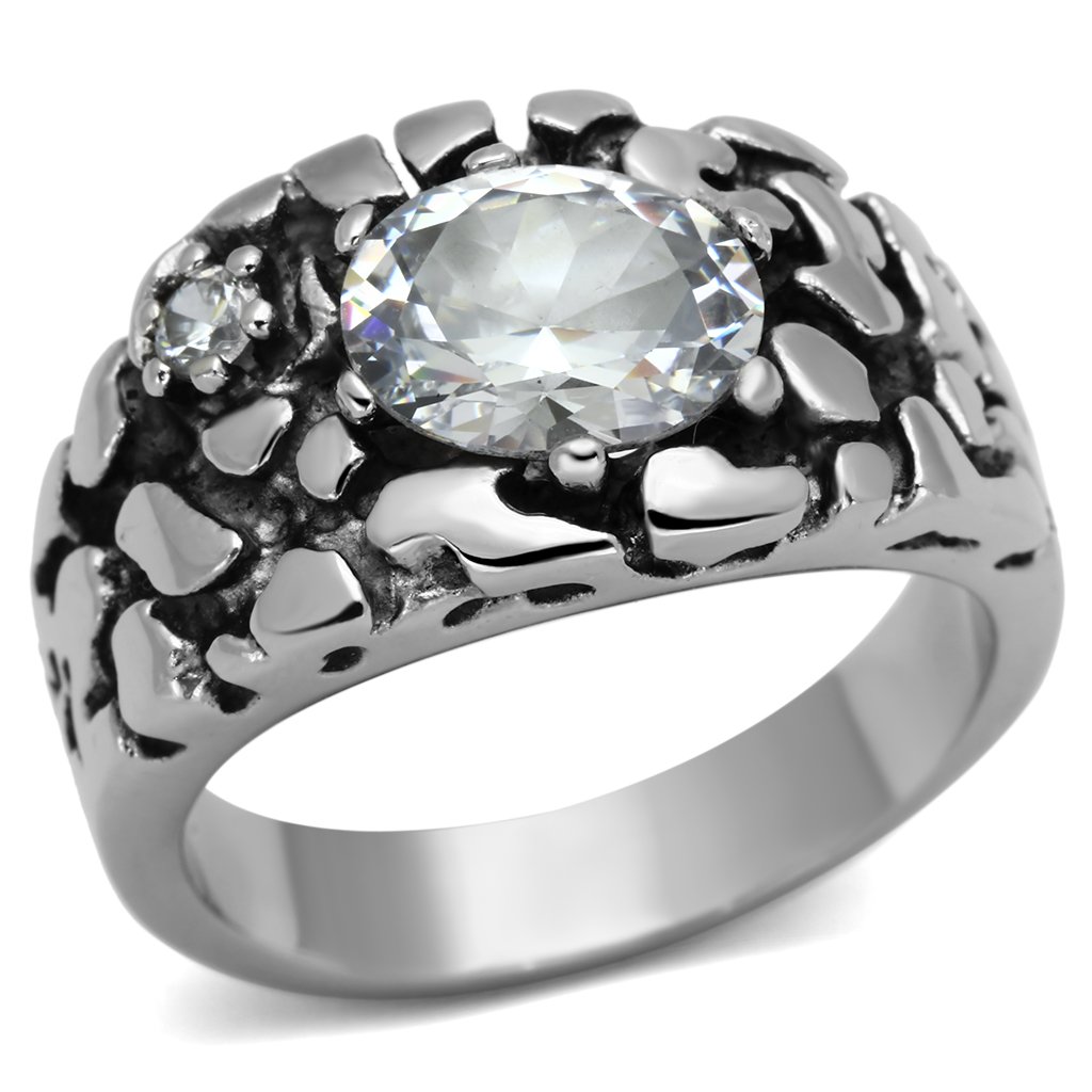 Men's stainless steel ring featuring clear cubic zirconia stones with a high-polished finish.