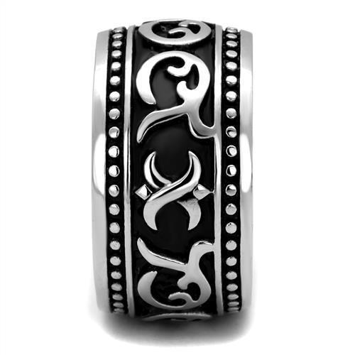 Men's stainless steel ring with high-polished finish and jet epoxy design, showcasing modern elegance.