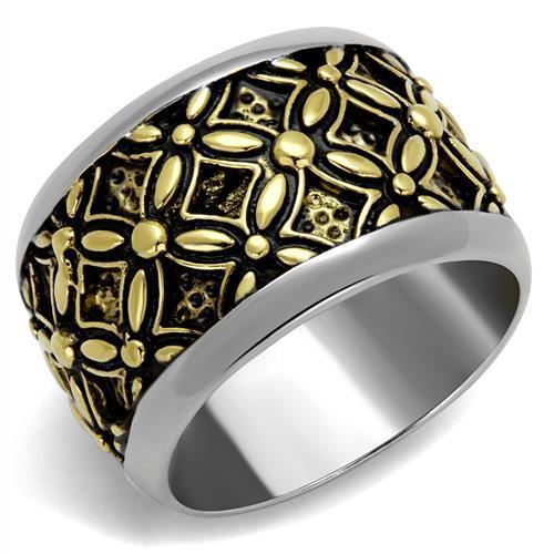 Men's stainless steel epoxy ring with two-tone IP gold finish and jet black epoxy detailing.