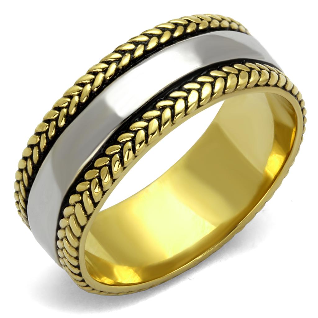 Men's stainless steel epoxy ring with two-tone IP gold finish and jet epoxy.
