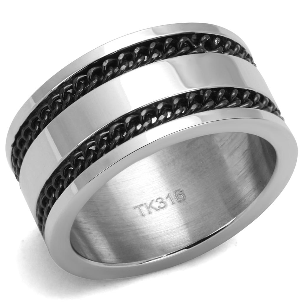 Men's stainless steel epoxy ring with high-polished finish and jet black epoxy inlay, showcasing modern design and durability.