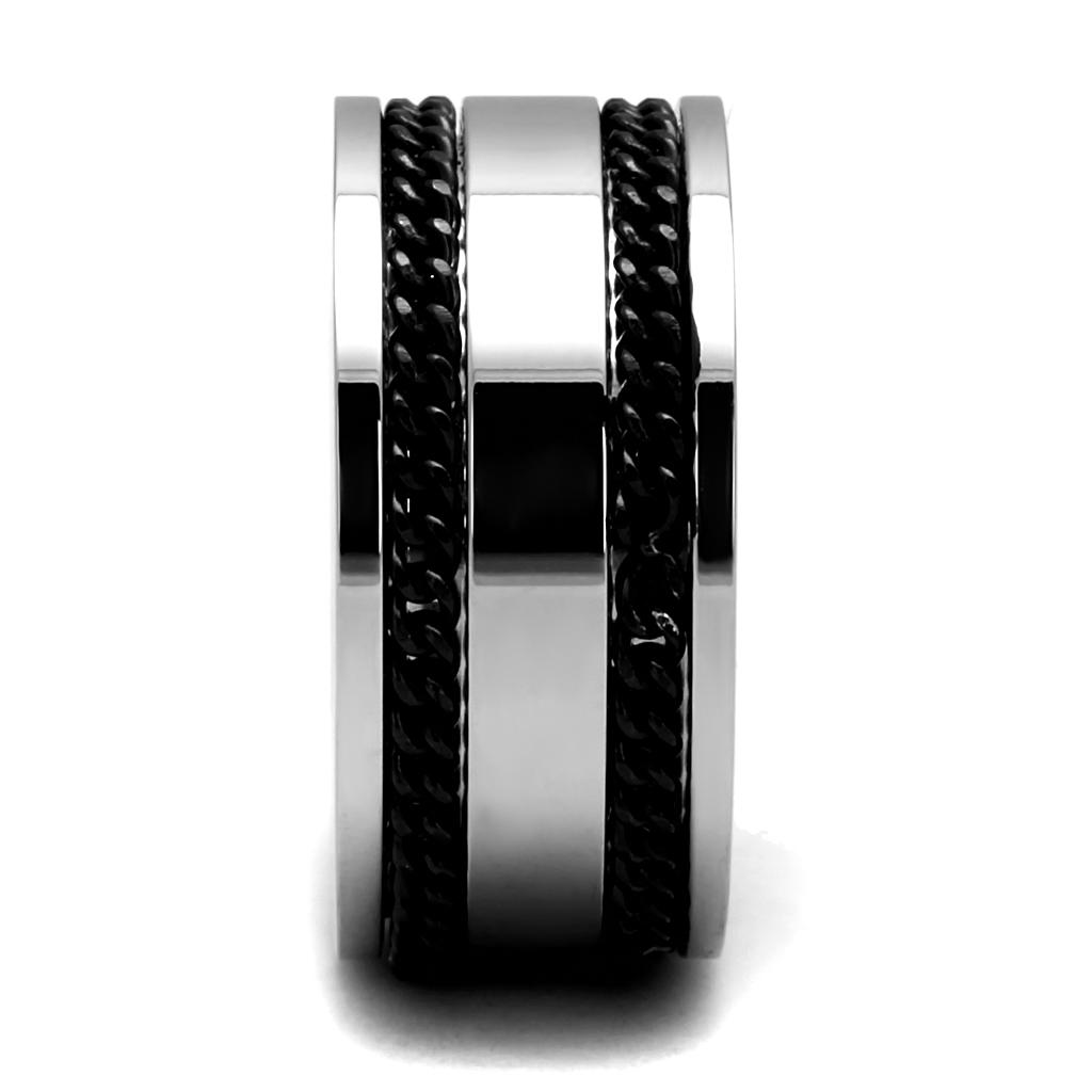 Men's stainless steel epoxy ring with high-polished finish and jet black epoxy inlay, showcasing modern design and durability.