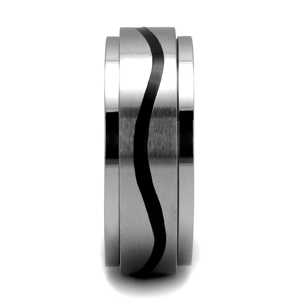 Men's stainless steel epoxy ring with high polish and jet black finish, showcasing a modern and stylish design.