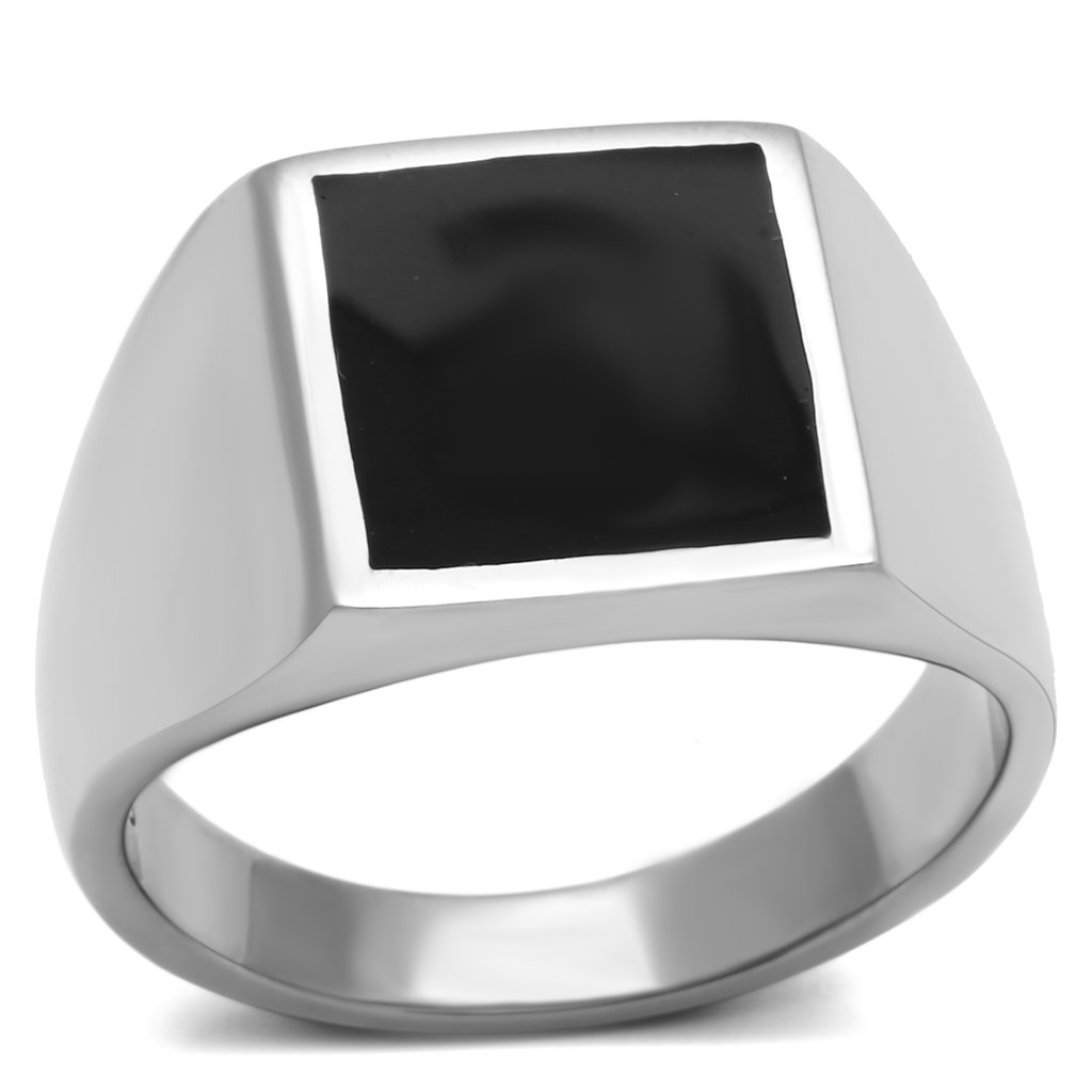 Men's stainless steel ring with high-polished finish and jet epoxy inlay, showcasing modern design and elegance.