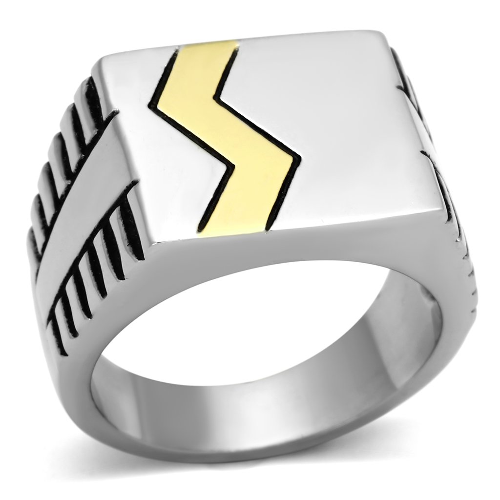 Men's stainless steel epoxy ring with two-tone IP gold finish and jet epoxy inlay, showcasing a modern and elegant design.