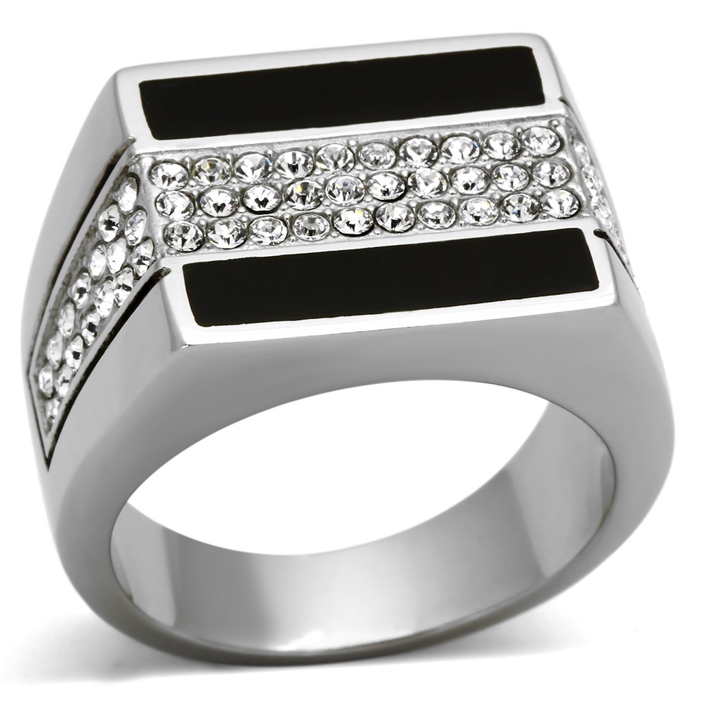 Men's stainless steel ring featuring a clear synthetic crystal centerpiece, high-polished finish, and smooth edges for comfort.