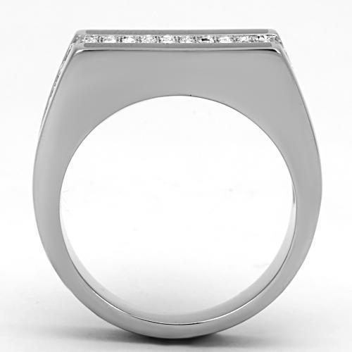 Men's stainless steel ring featuring a clear synthetic crystal centerpiece, high-polished finish, and smooth edges for comfort.