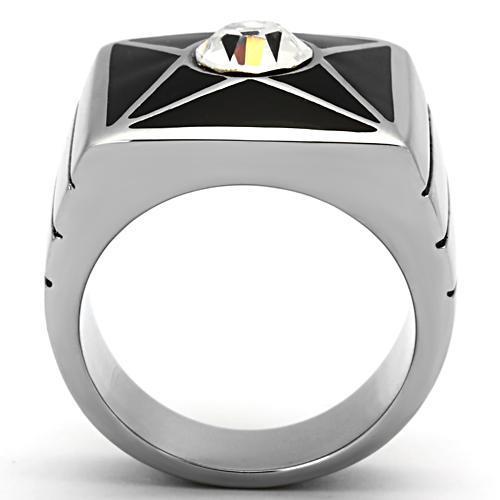 Men's stainless steel ring with clear synthetic crystal, high-polished finish, elegant design.