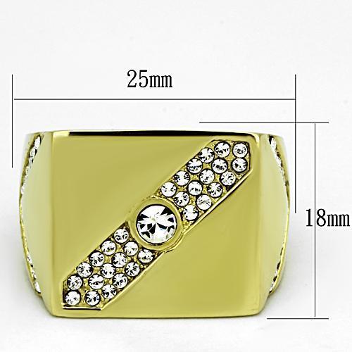 Men's stainless steel ring with clear synthetic crystal and IP gold ion plating, showcasing a round design.
