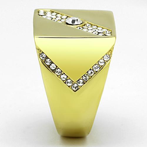 Men's stainless steel ring with clear synthetic crystal and IP gold ion plating, showcasing a round design.