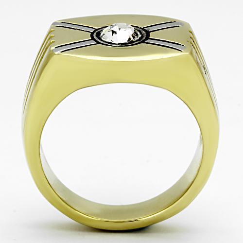 Men's stainless steel ring with synthetic crystal and two-tone gold ion plating, showcasing elegance and durability.