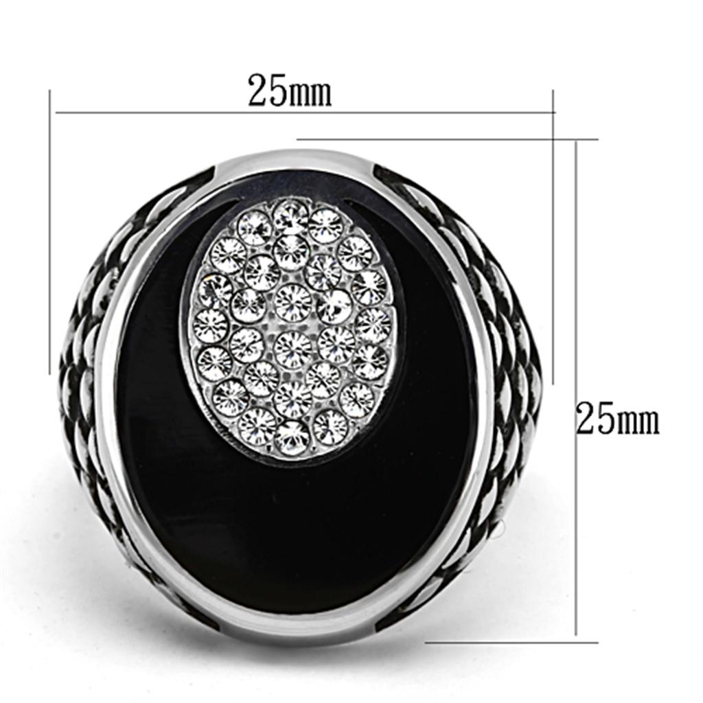 Men's stainless steel ring featuring a clear synthetic crystal centerpiece, high-polished finish, and modern design.