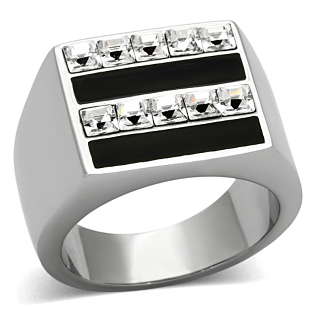 Men's stainless steel ring featuring a clear synthetic crystal, high-polished finish, and modern design.