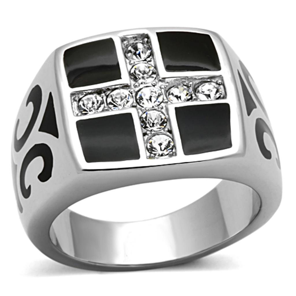 Men's stainless steel ring with clear synthetic crystal, high-polished finish, elegant design.