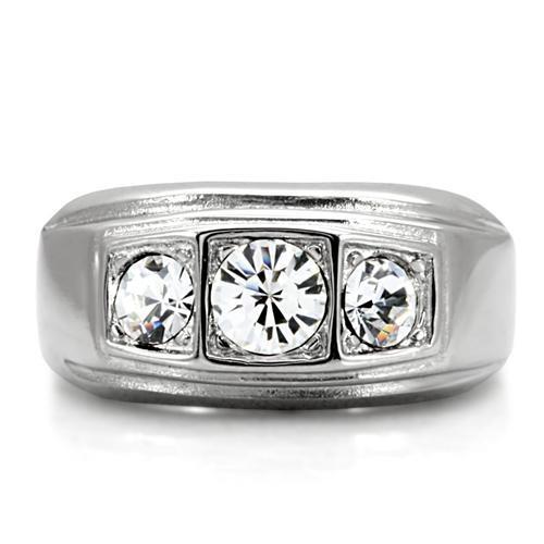 Men's stainless steel ring featuring a clear synthetic crystal centerpiece, high-polished finish, and modern design.