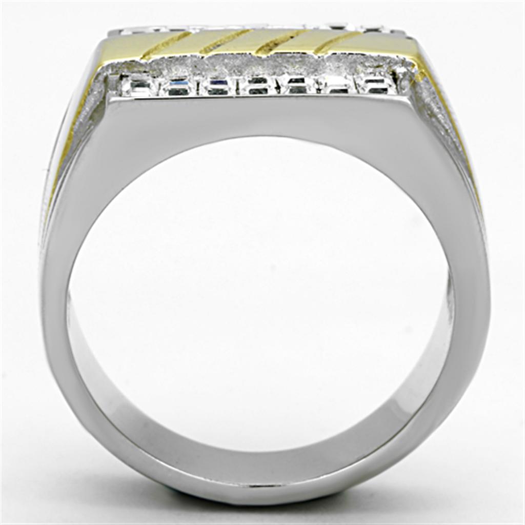 Men's stainless steel ring with synthetic crystal and two-tone IP gold finish, showcasing elegance and durability.