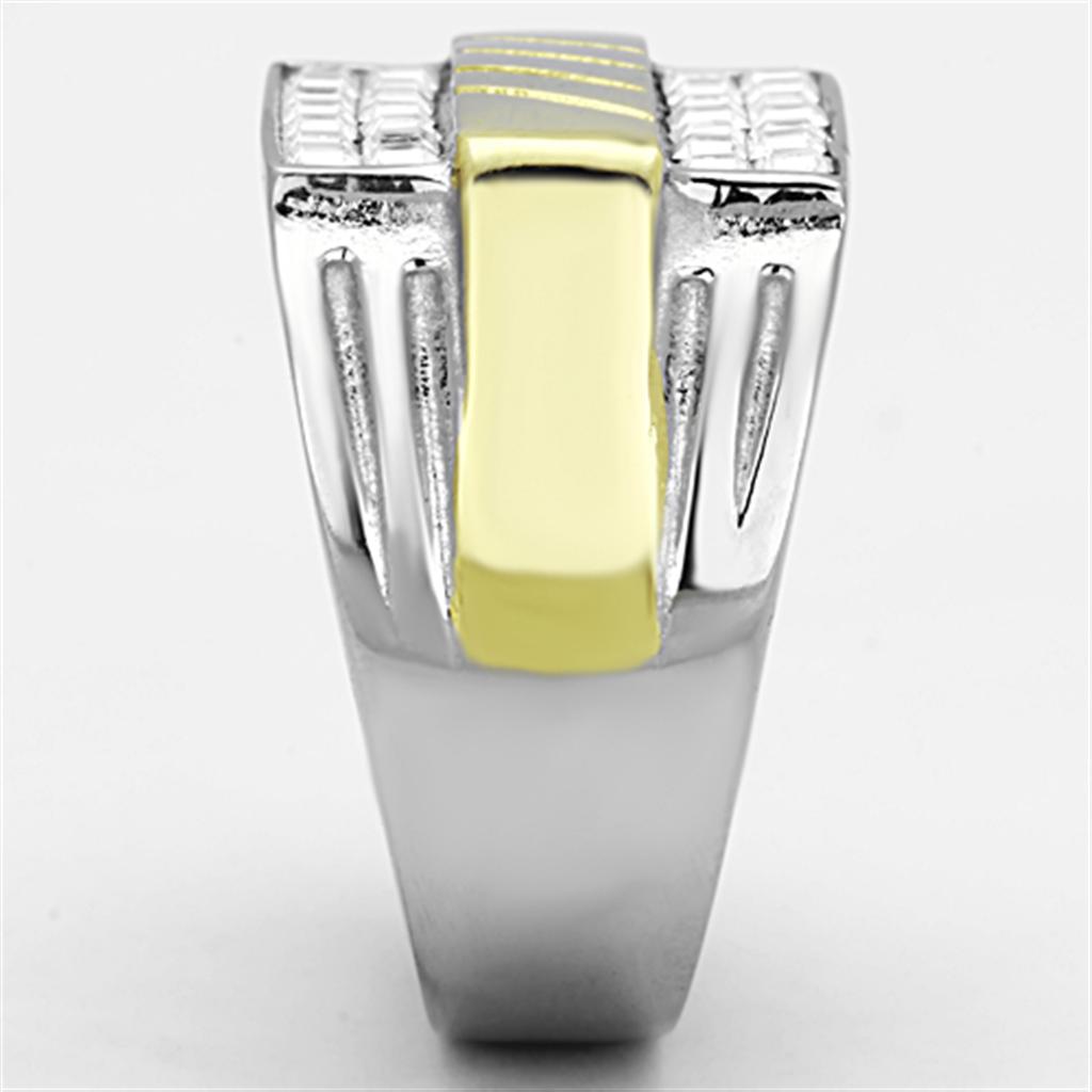 Men's stainless steel ring with synthetic crystal and two-tone IP gold finish, showcasing elegance and durability.