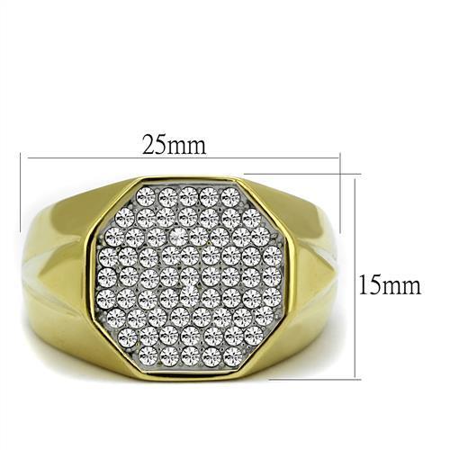Men's stainless steel ring with synthetic crystal and two-tone gold finish, showcasing elegance and durability.