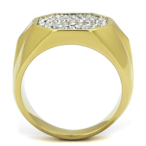 Men's stainless steel ring with synthetic crystal and two-tone gold finish, showcasing elegance and durability.