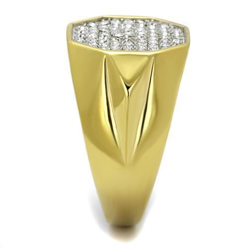 Men's stainless steel ring with synthetic crystal and two-tone gold finish, showcasing elegance and durability.